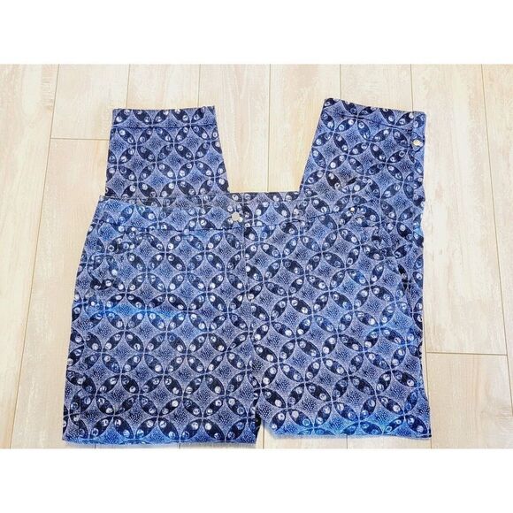 Chico's 2 Blue & White‎ Diamond Ikat Ankle Crop Pants Cuffed Large - Picture 1 of 9